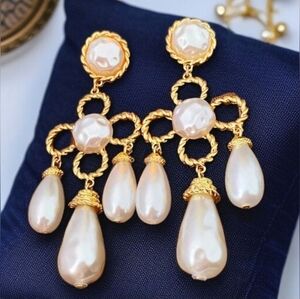 Huge Oversized Pearl Twisted Gold  Maltese Cross Dangle Earrings
